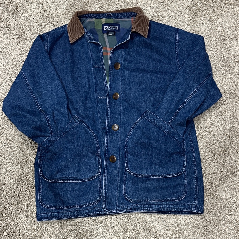 Lands' End Dark Blue Denim Jacket with Brown Corduroy Collar